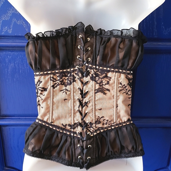 Tan Black Mesh Lace Overbust Corset Bustier Top Y2K vintage nwt - Picture 3 of 17